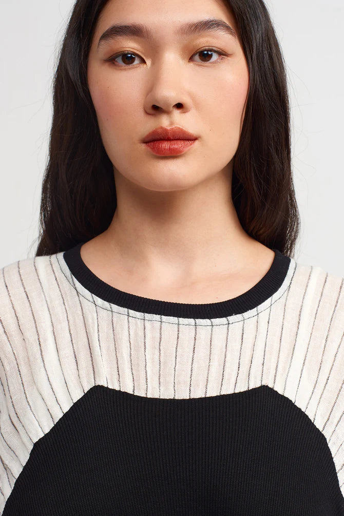 NU Striped With Ribbed Detail Dress Natural/Black