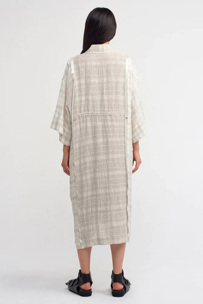 NU Checkered Dress With Adjustable Waist Light Grey