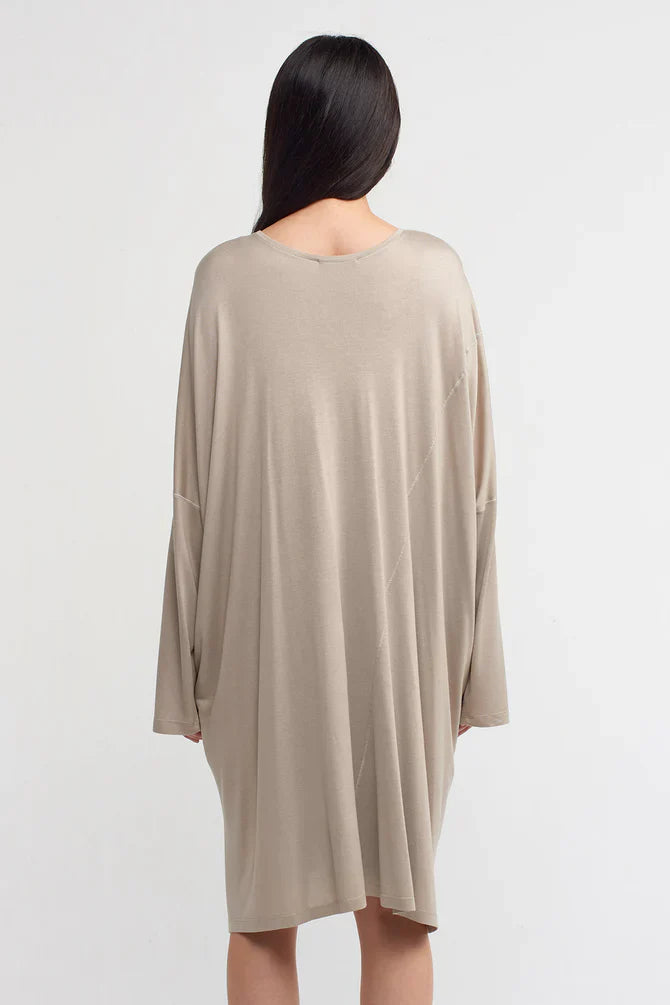 NU Solid Stitched Detail Dress Light Grey