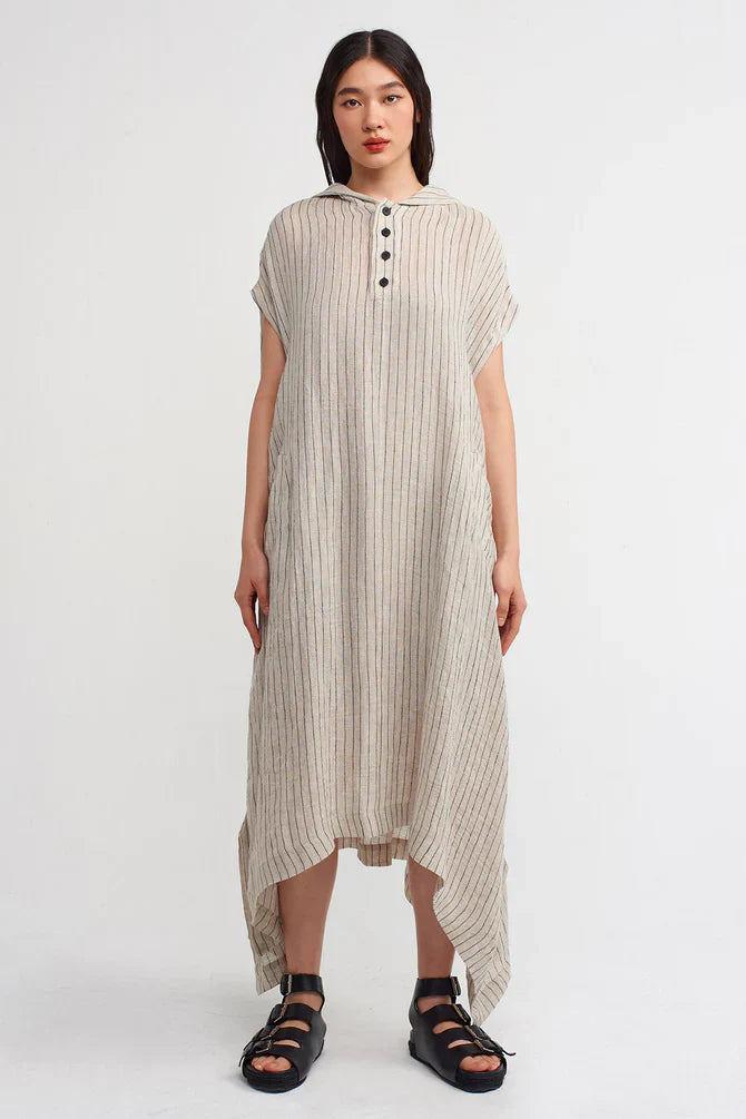 NU Striped Hooded Asymmetrical Dress Light Grey