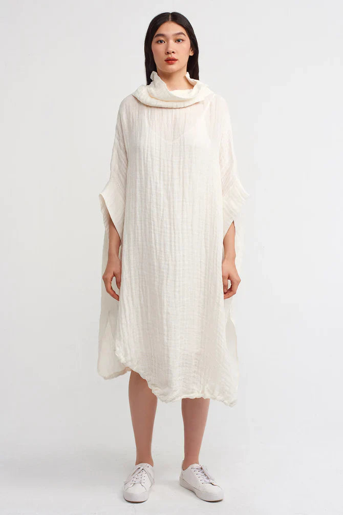 NU Cowl Collar Textured Dress Off White