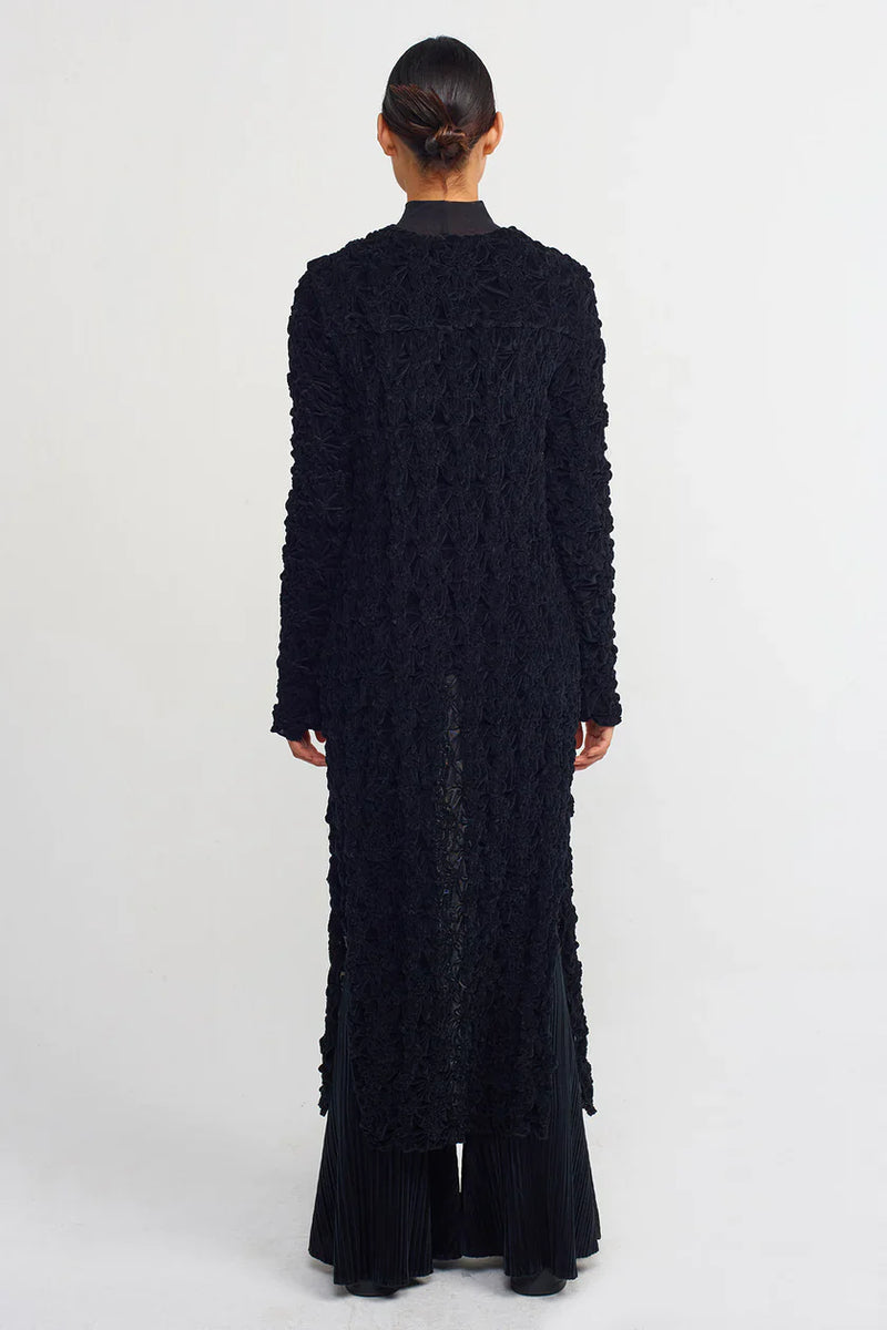 NU Velvet Shirred Detail Long Cardigan Black