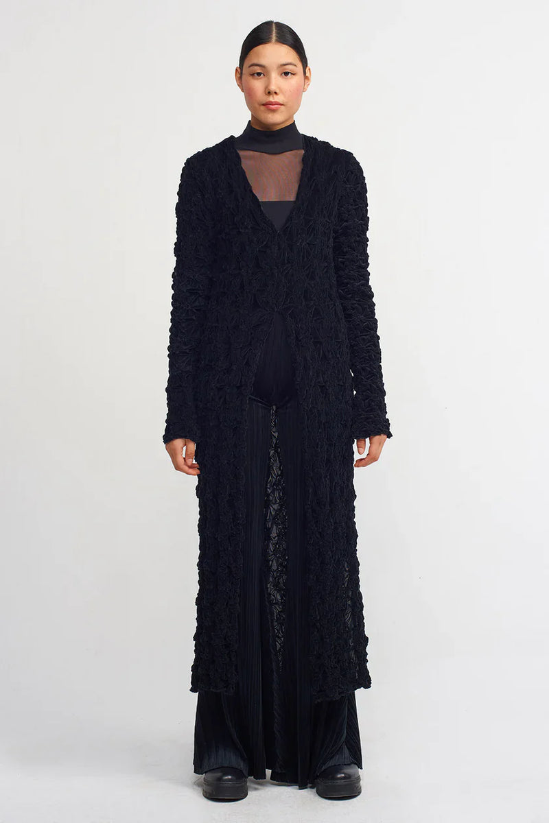 NU Velvet Shirred Detail Long Cardigan Black