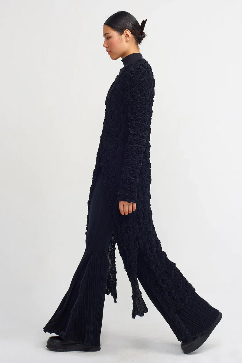 NU Velvet Shirred Detail Long Cardigan Black