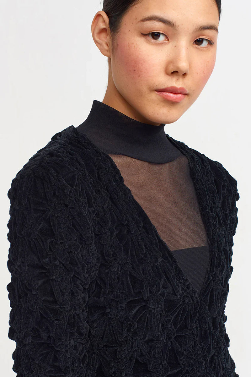 NU Velvet Shirred Detail Long Cardigan Black