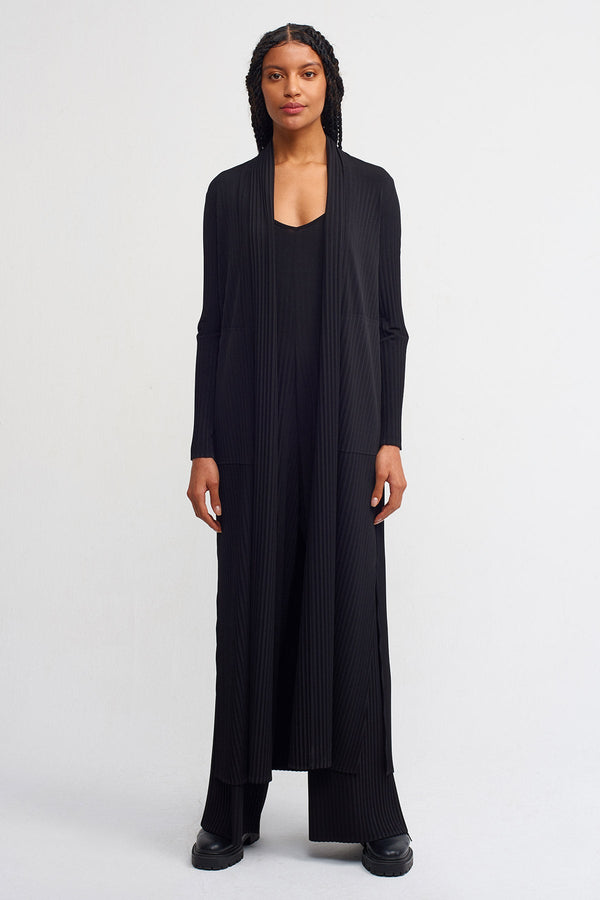 NU Slit Detailed Long Pleated Cardigan Black
