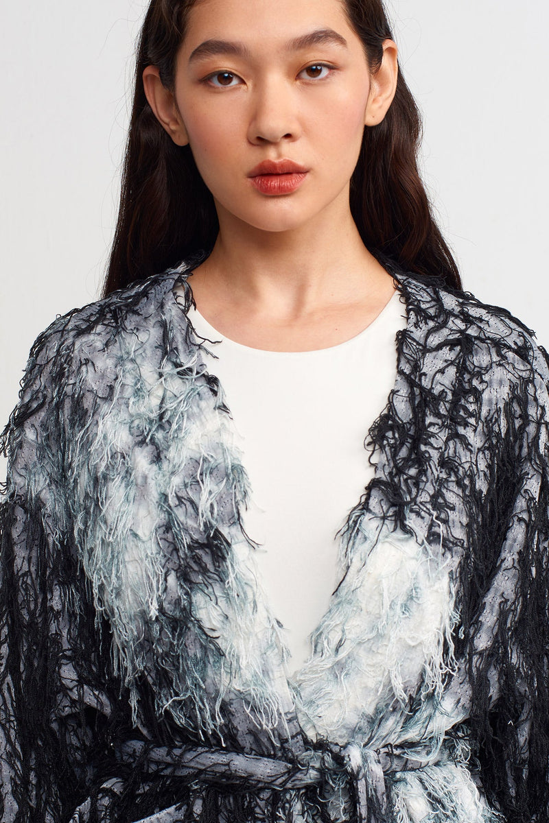 NU Tie Dye Tasseled Kimono Outerwear Black/Offwhite