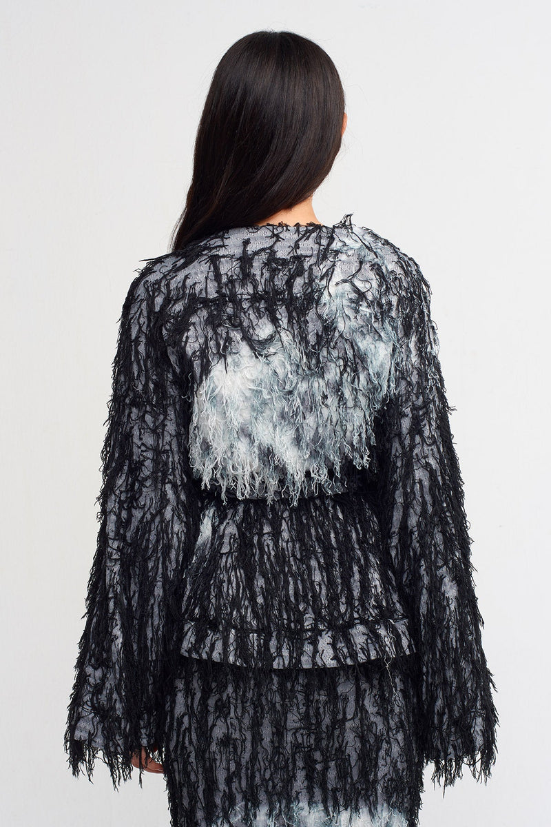 NU Tie Dye Tasseled Kimono Outerwear Black/Offwhite