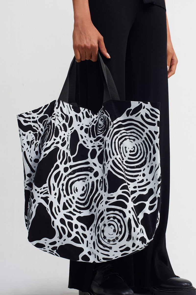 NU Printed Tote Bag With Embellished Detail Black-White