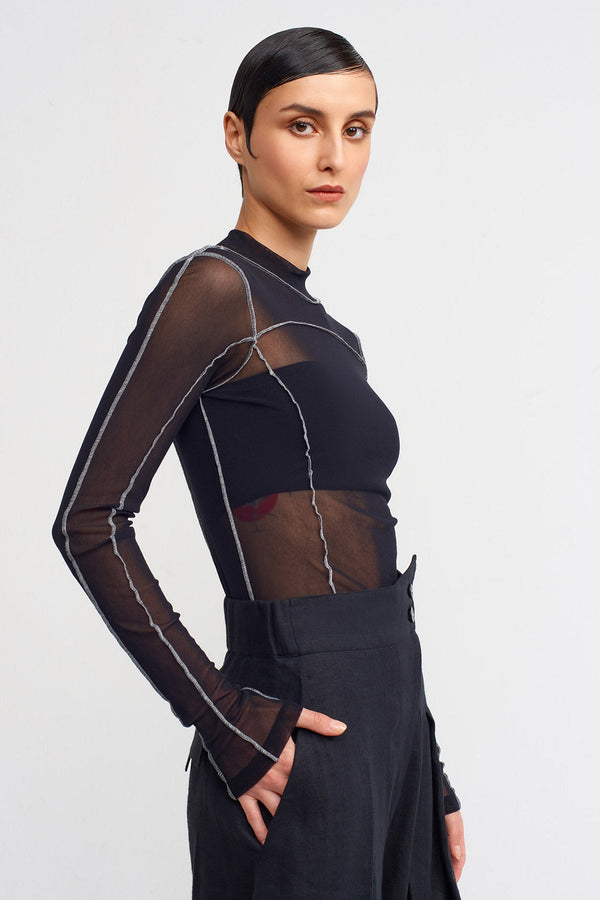 NU Contrast Stitched Mesh Bodysuit Black/Offwhite