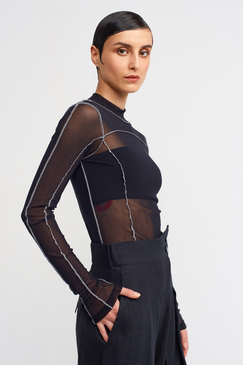 NU Contrast Stitched Mesh Bodysuit Black/Offwhite