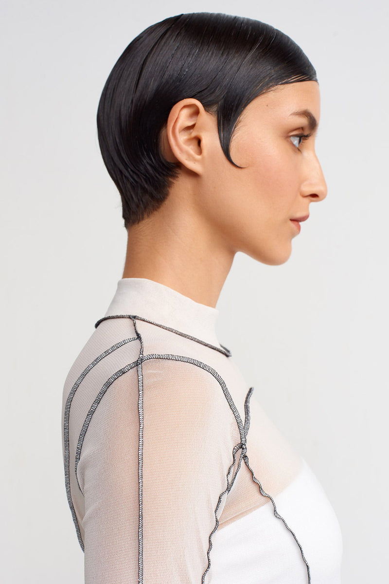 NU Contrast Stitched Mesh Bodysuit Off White/Black
