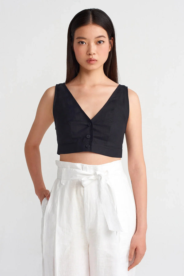 NU V-Neck Linen Bustier Black