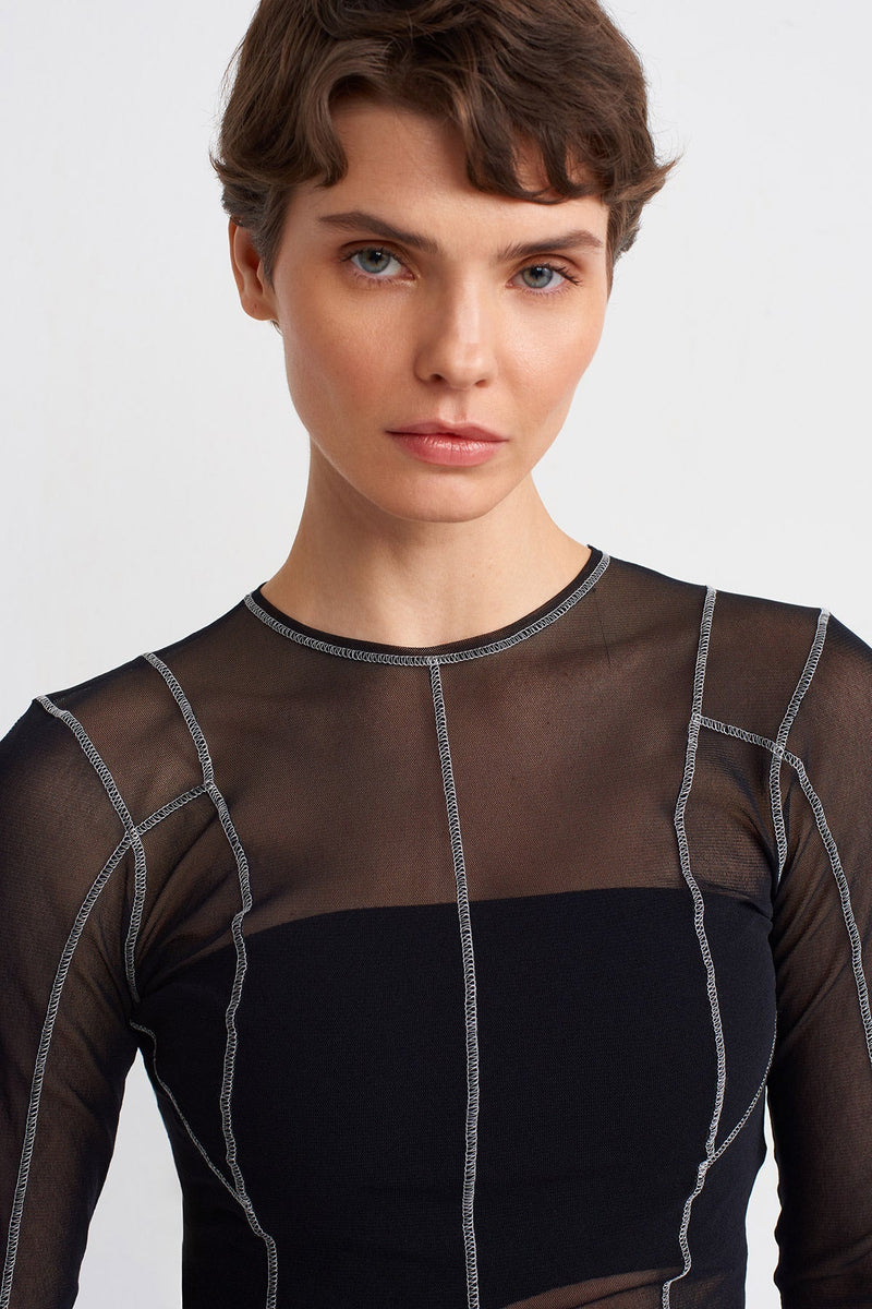 NU Contrast Stitch Mesh Bodysuit Black/Offwhite