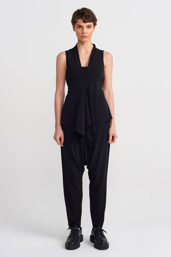 NU V-Neck Tie-Waist Jersey Blouse Black