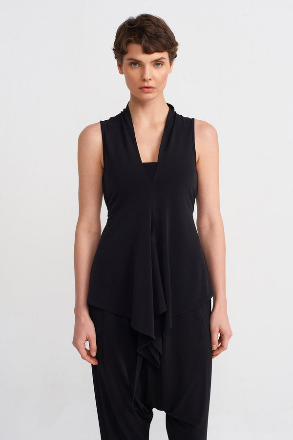 NU V-Neck Tie-Waist Jersey Blouse Black