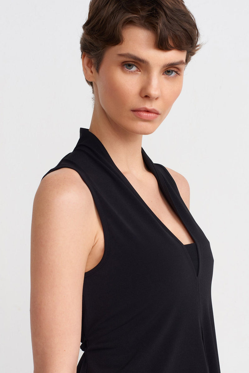 NU V-Neck Tie-Waist Jersey Blouse Black