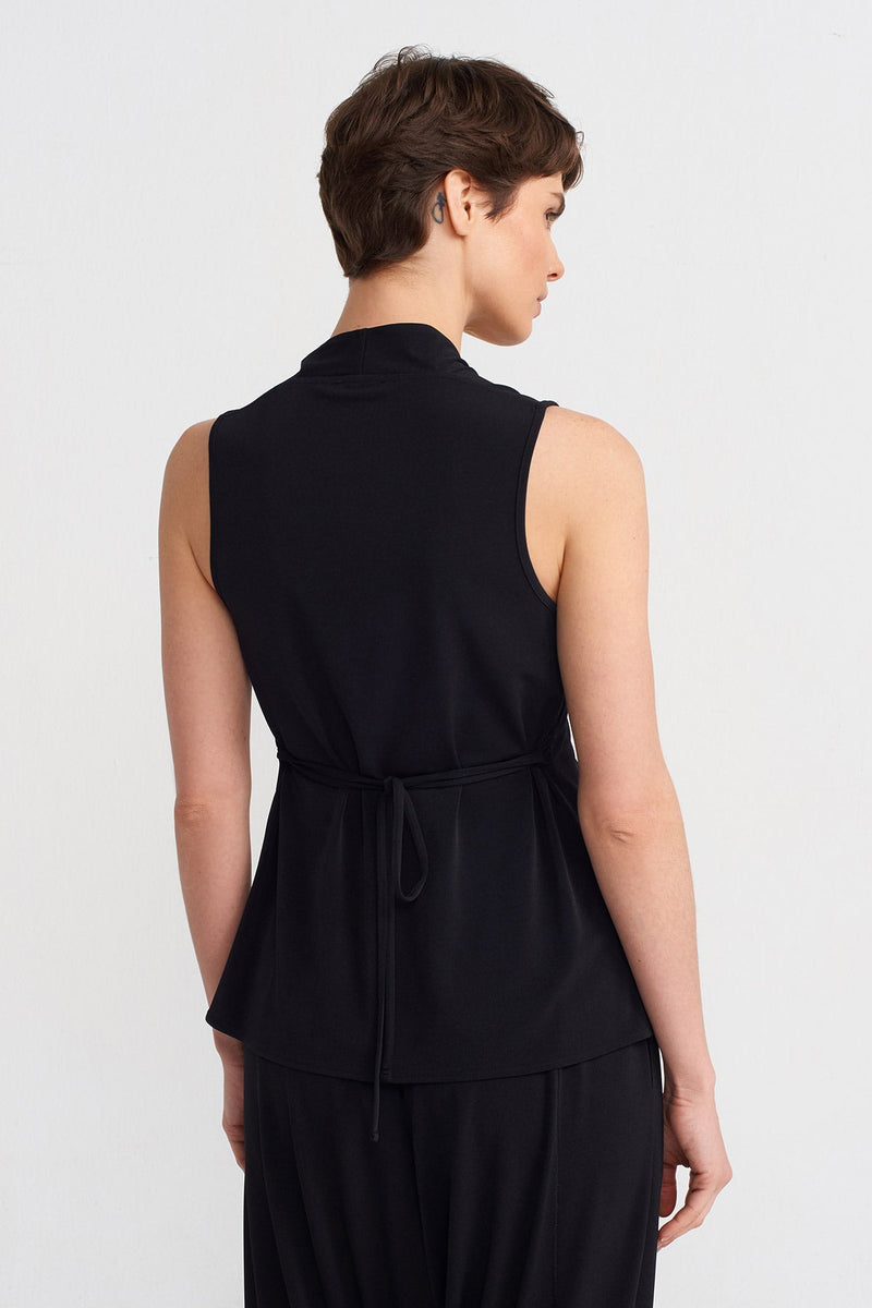 NU V-Neck Tie-Waist Jersey Blouse Black
