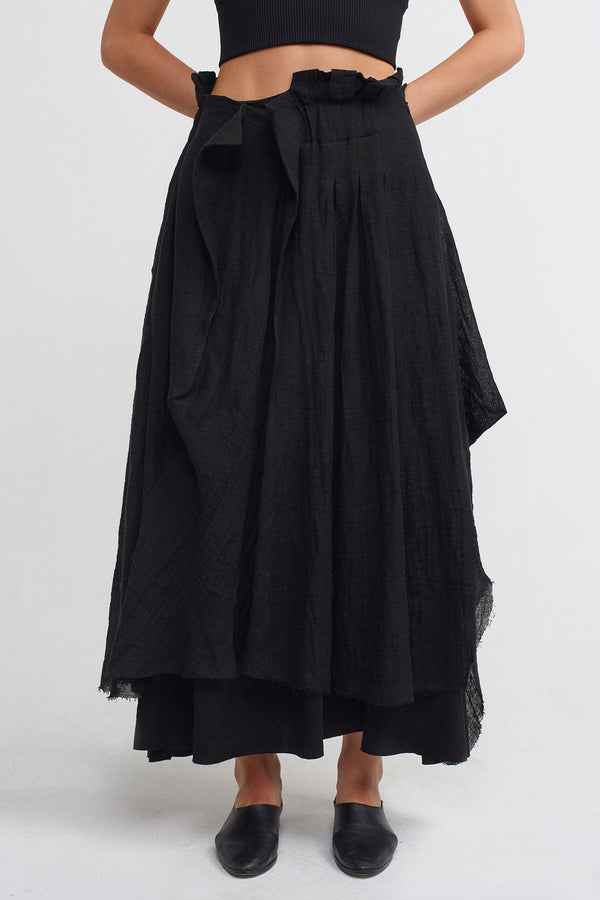 NU Asymmetric Waist Linen Midi Skirt Black