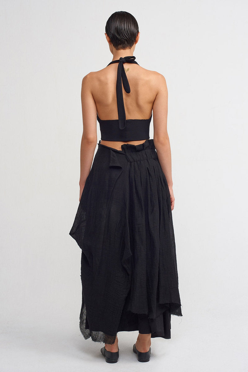 NU Asymmetric Waist Linen Midi Skirt Black