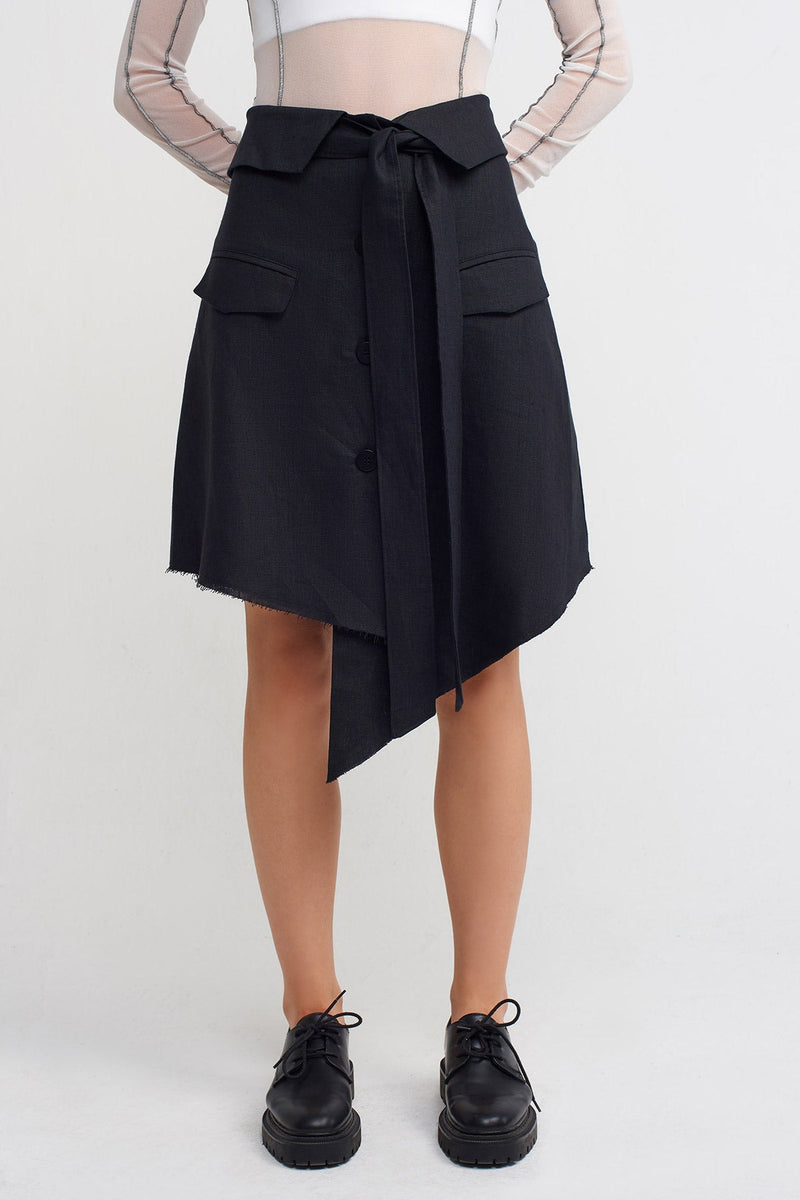 NU Front-Tie Asymmetric Linen Skirt Black
