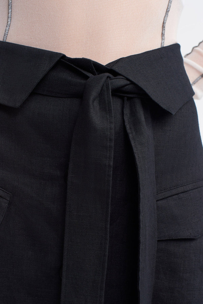 NU Front-Tie Asymmetric Linen Skirt Black