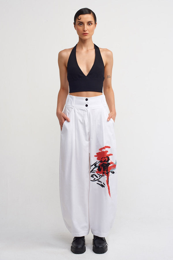 NU Print And Embroidery Detailed High-Waisted Pants Off White/Black
