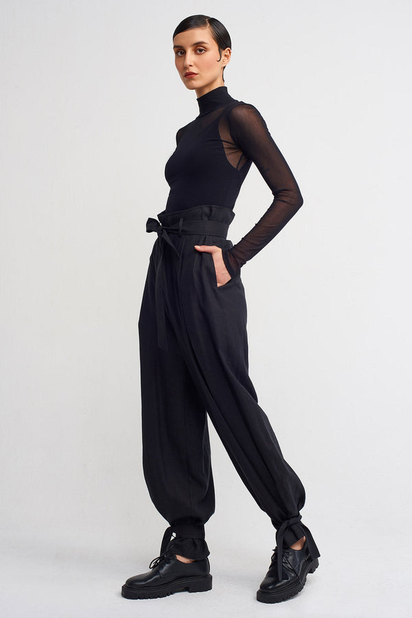 NU Cuffed Tie Detail Linen Jogger Trouser Black