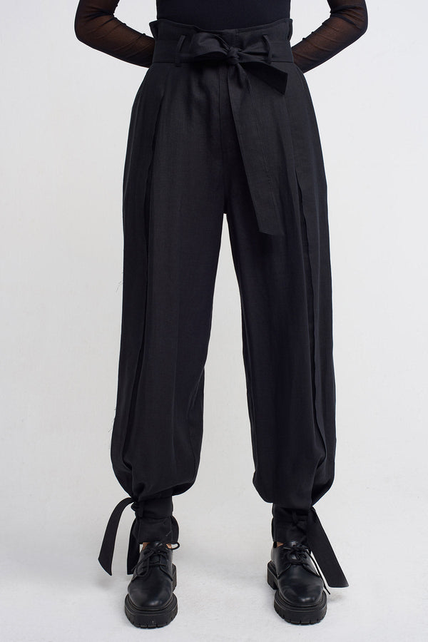 NU Cuffed Tie Detail Linen Jogger Trouser Black