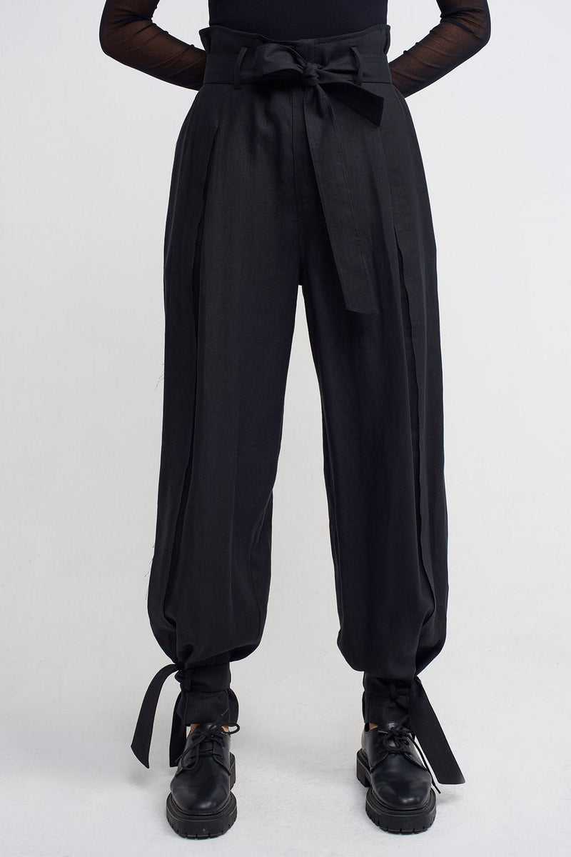 NU Cuffed Tie Detail Linen Jogger Trouser Black