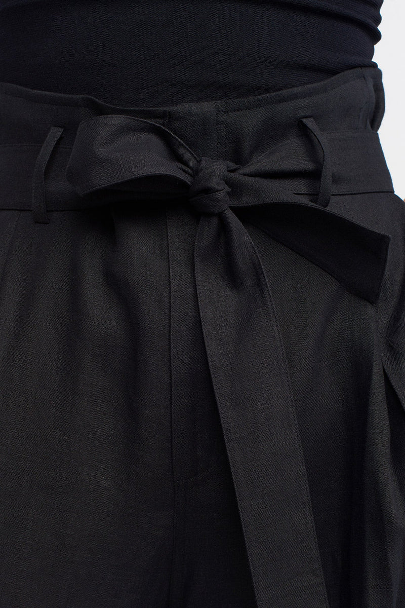 NU Cuffed Tie Detail Linen Jogger Trouser Black