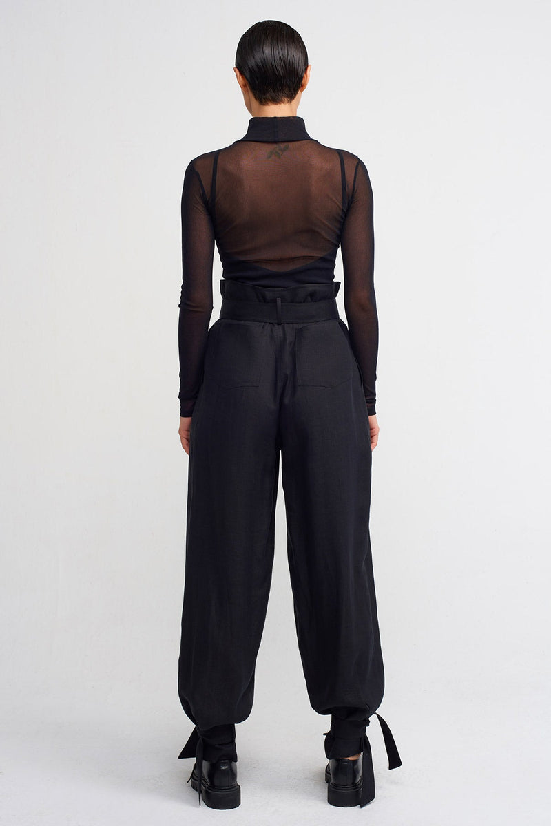 NU Cuffed Tie Detail Linen Jogger Trouser Black