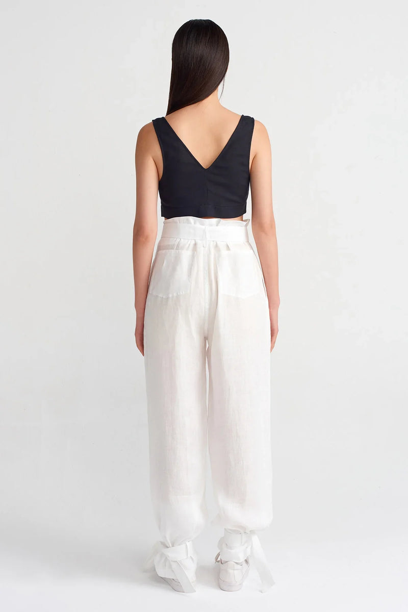 NU Cuffed Tie Detail Linen Jogger Trouser Off White