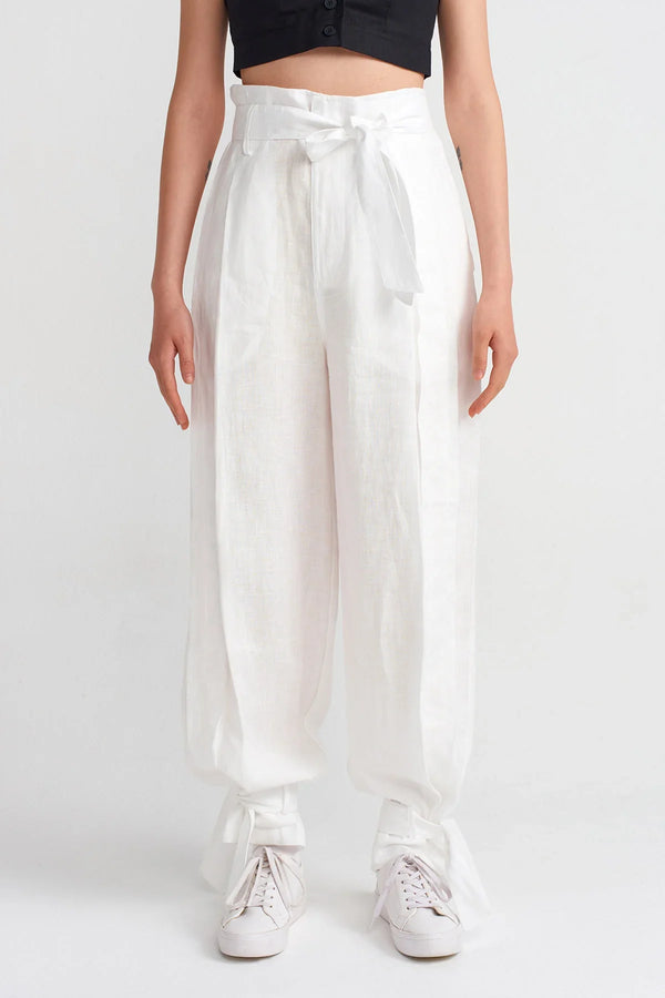NU Cuffed Tie Detail Linen Jogger Trouser Off White