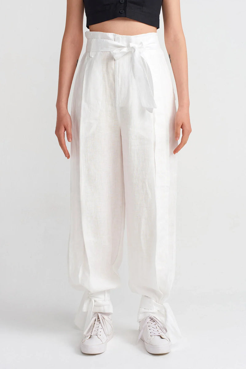 NU Cuffed Tie Detail Linen Jogger Trouser Off White