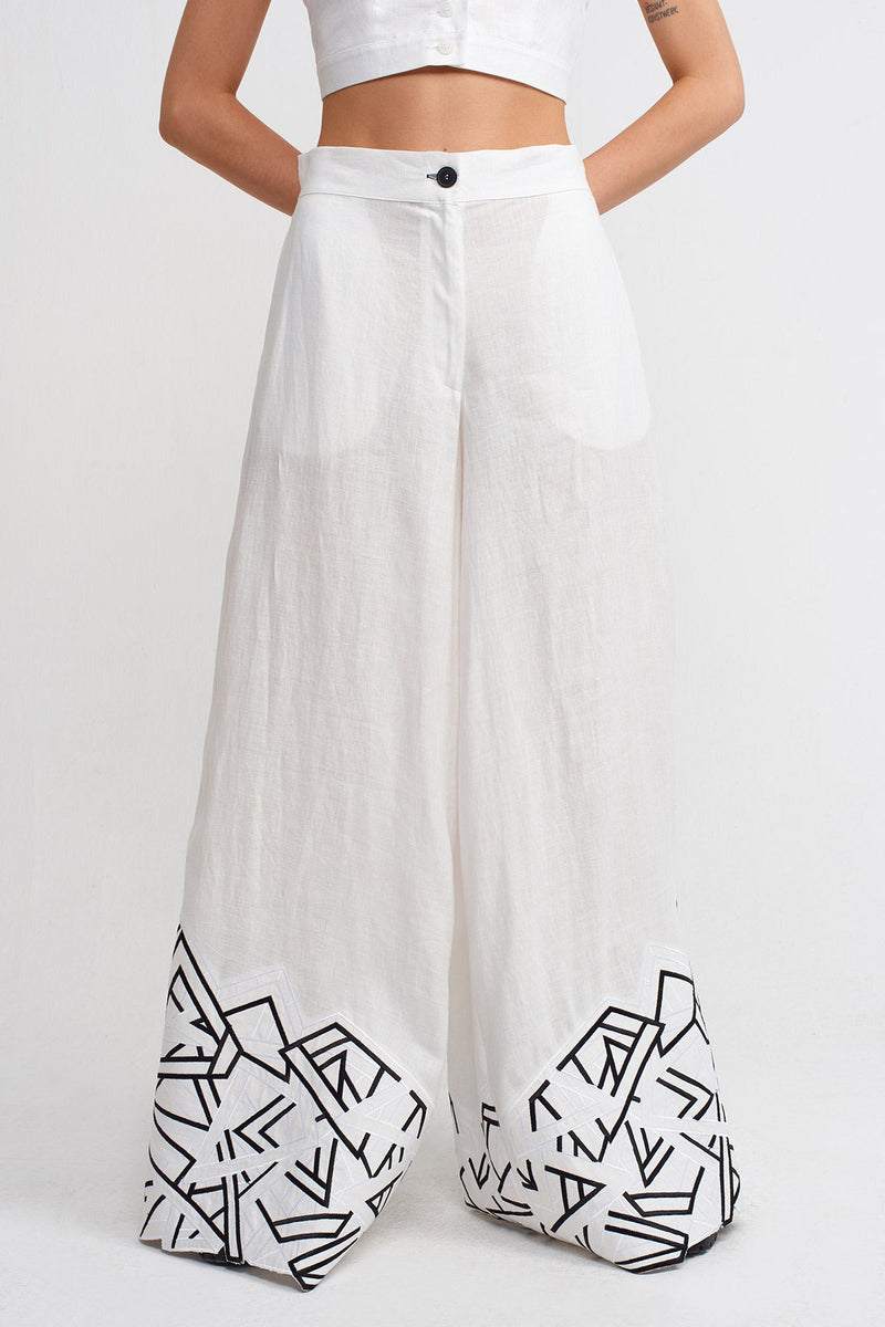NU Embroidered Pattern Wide-Leg Pants Off White/Black