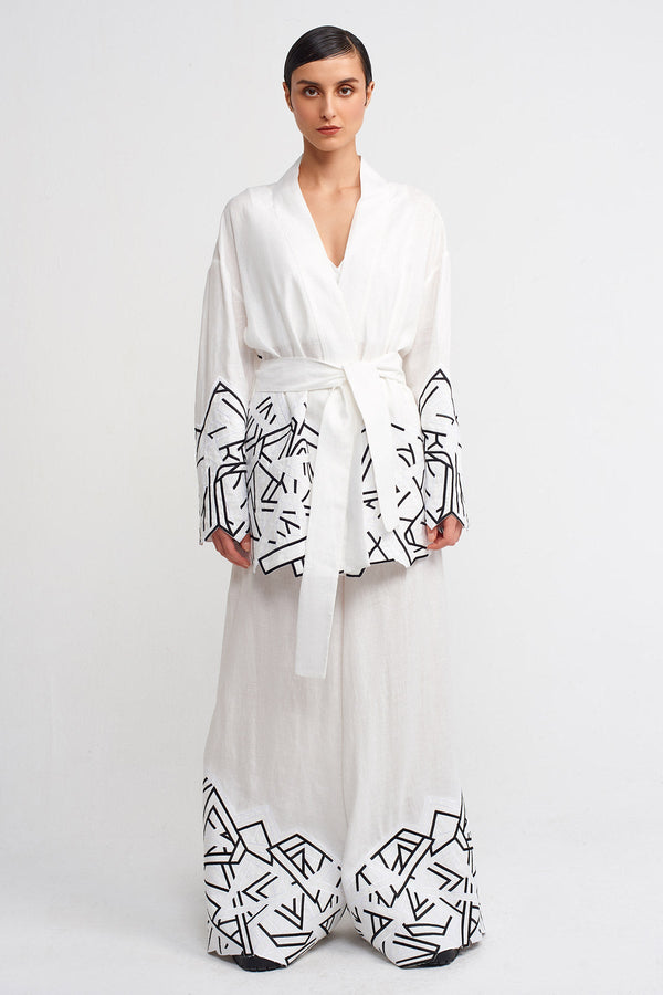 NU Embroidered Pattern Wide-Leg Pants Off White/Black
