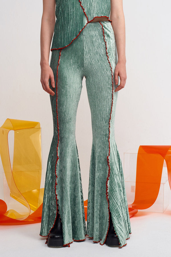 NU Pleated Velvet Spanish Flare Trousers Green