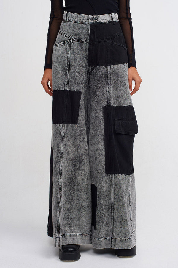 NU Patch Wash Detail Wide Leg Denim Trousers Beige - Black