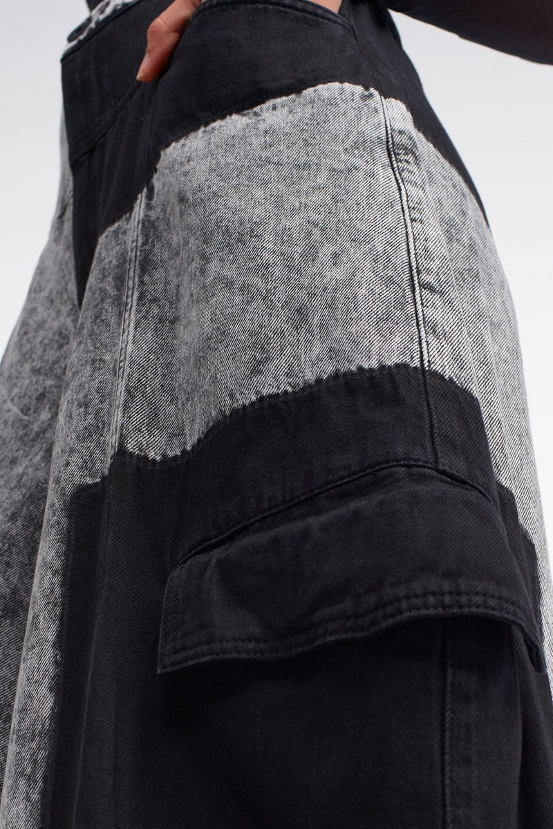 NU Patch Wash Detail Wide Leg Denim Trousers Beige - Black