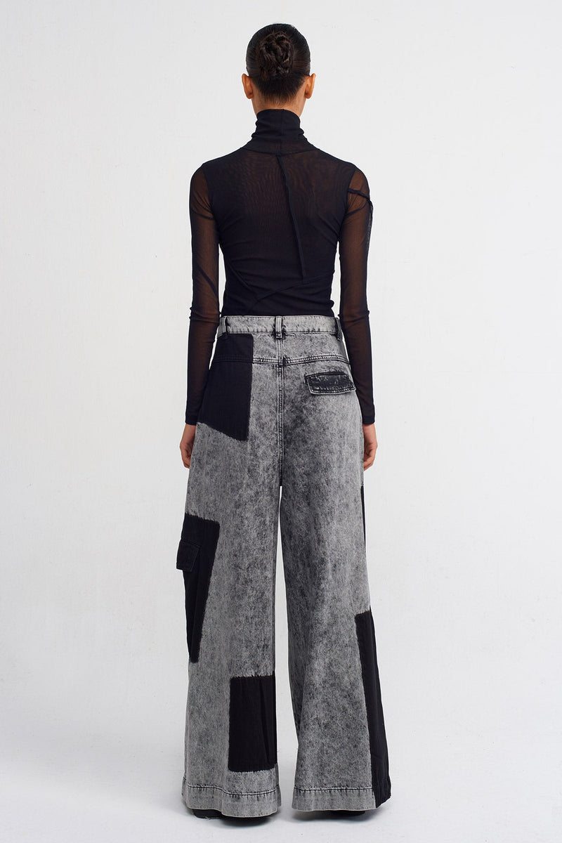 NU Patch Wash Detail Wide Leg Denim Trousers Beige - Black