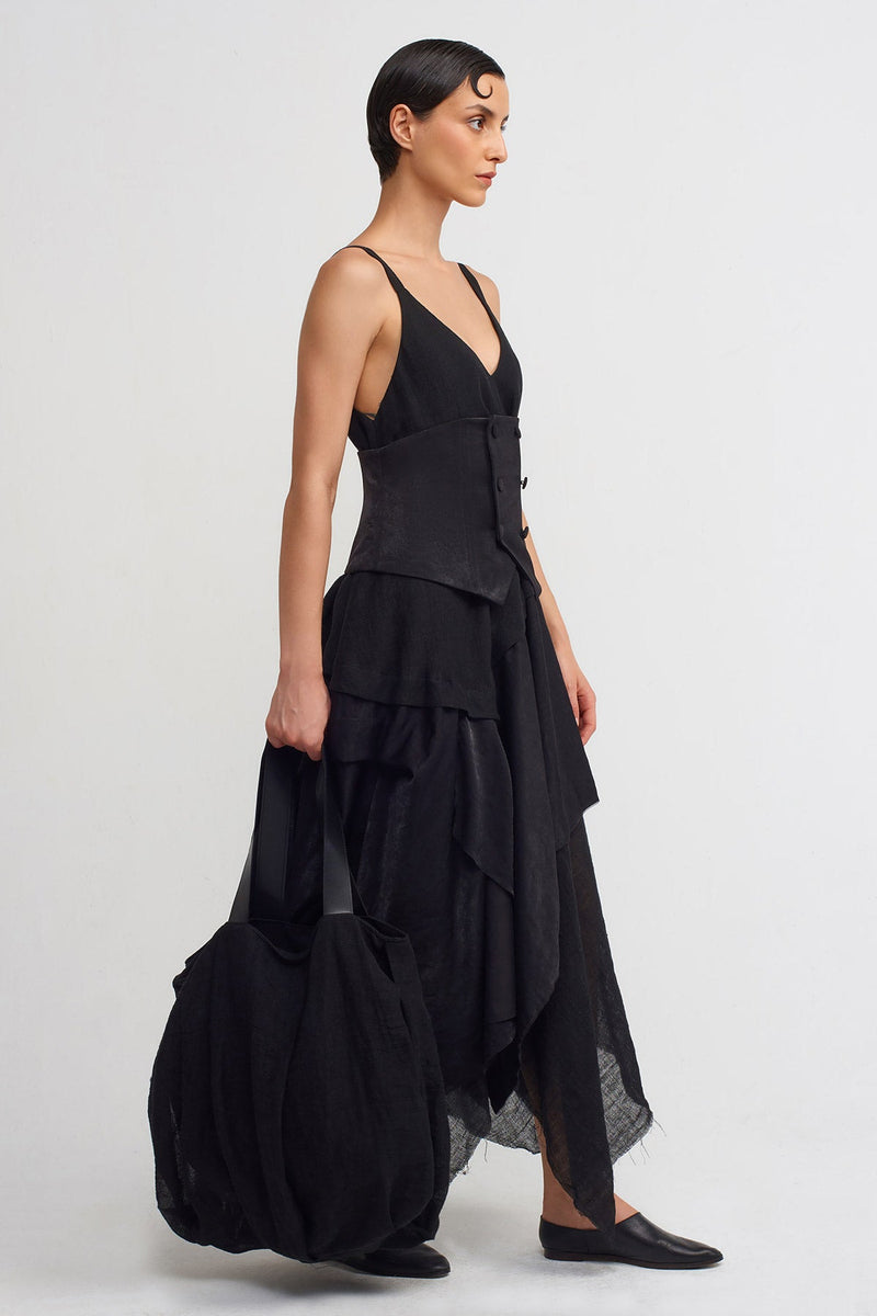 NU Spaghetti Strap Asymmetric Linen Blend Dress Black