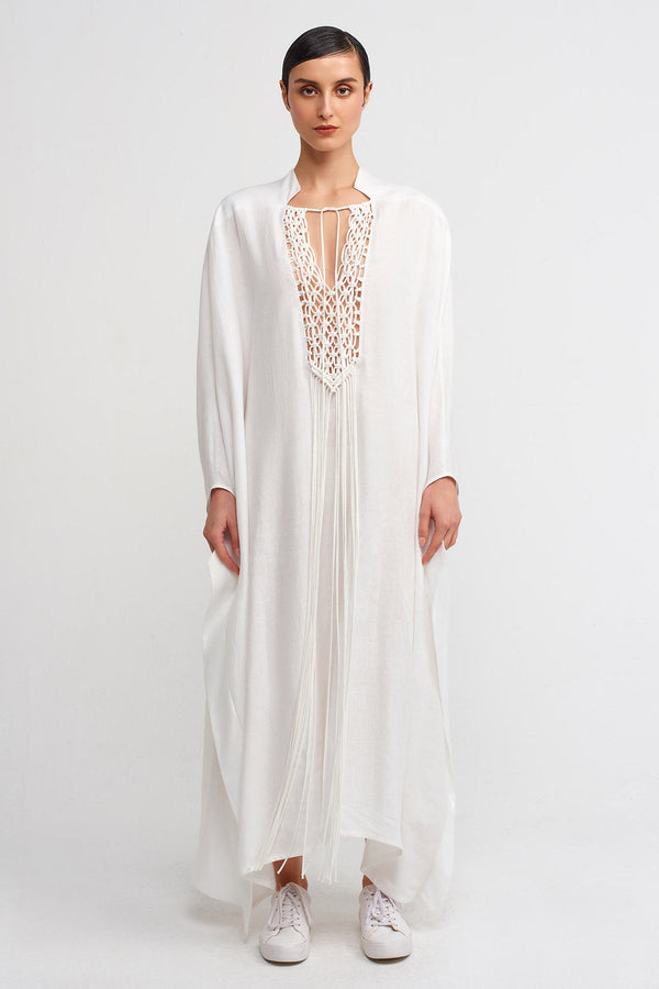 NU Macramé Detail Front, Long Dress Off White