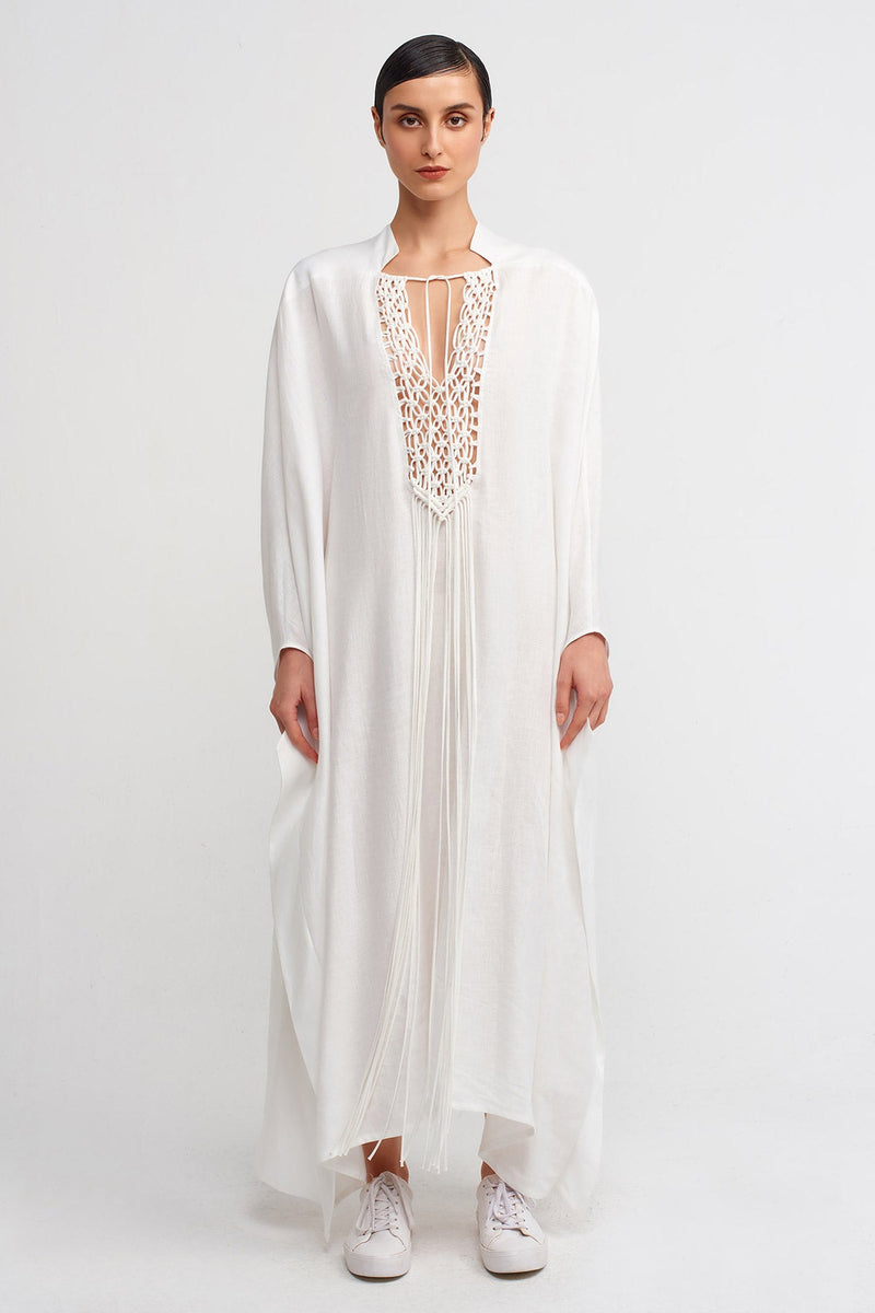 NU Macramé Detail Front, Long Dress Off White
