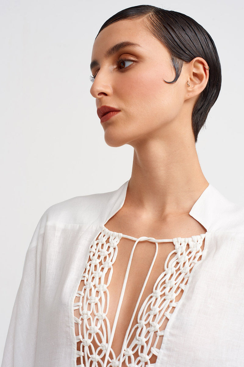 NU Macramé Detail Front, Long Dress Off White