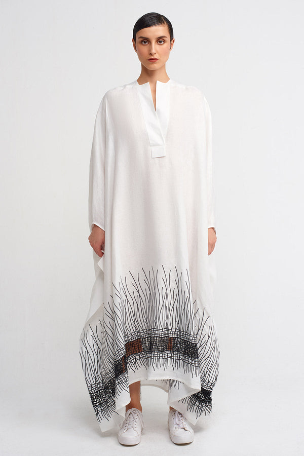 NU Embroidered Hem Long Kaftan Dress Off White/Black