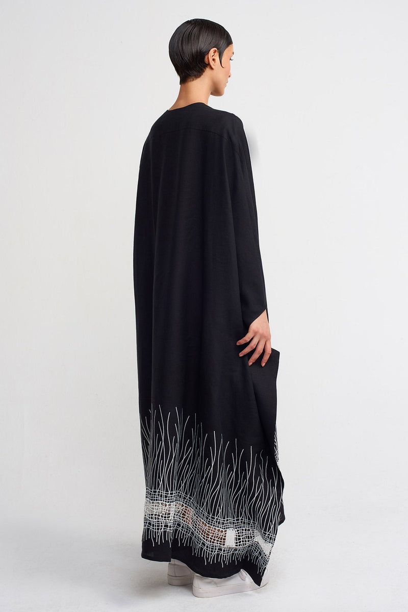 NU Embroidered Hem Long Kaftan Dress Black/Offwhite