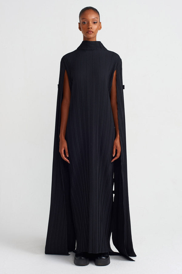NU Cape Long Pleated Dress Black