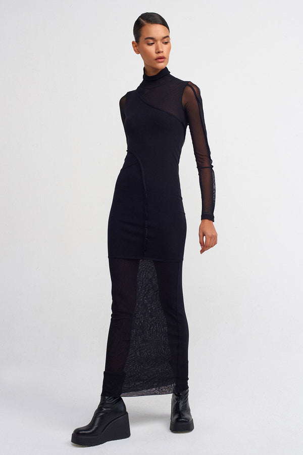 NU Double-Layered High-Neck Long Tulle Dress Black