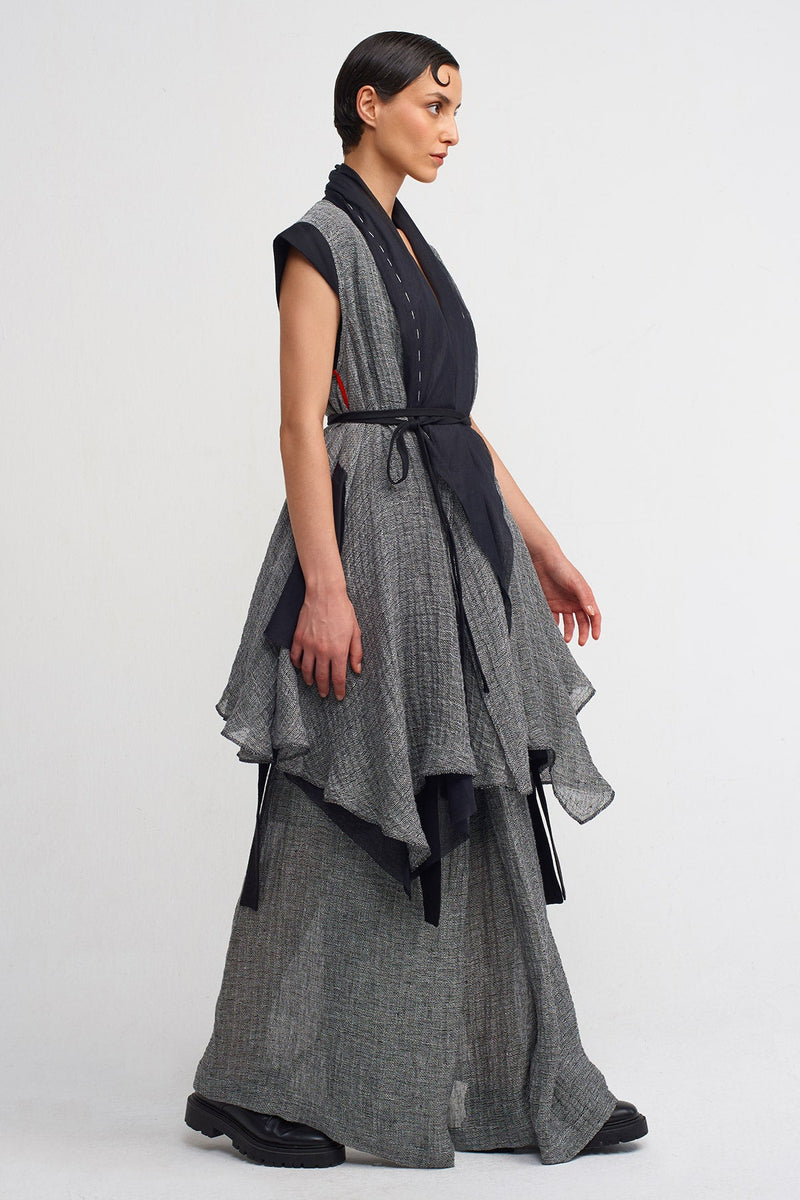NU Sleeveless, Shawl Collar Linen Jacket With Veil Detail Black & Grey